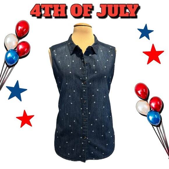 Universal Thread Blue chambray denim sleeveless stars print top XL 4th of July - Picture 11 of 11